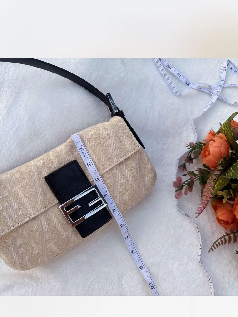 Fendi Beige Shoulder Bag with Brown Strap and Silver Buckle